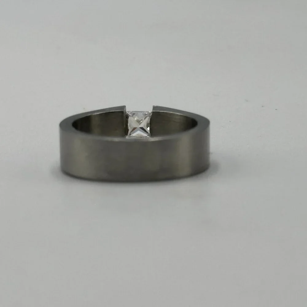 Stainless Steel Ring Size 6.5 Channel Set Clear Princess Cut Stone Modern Band - Picture 8 of 10